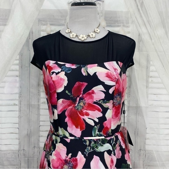 Adrianna Papell Pink Black Illusion Floral Mikado Gown Dress Formal Full Length - Picture 11 of 16